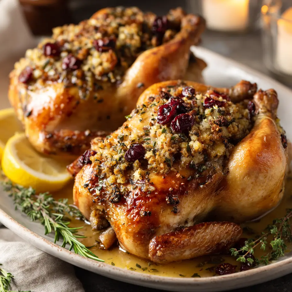 Stuffed Cornish Game Hens: The Ultimate Recipe 2 A step-by-step image showing the Stuffed Cornish Game Hens being prepared for the oven, rubbed with a seasoned butter.