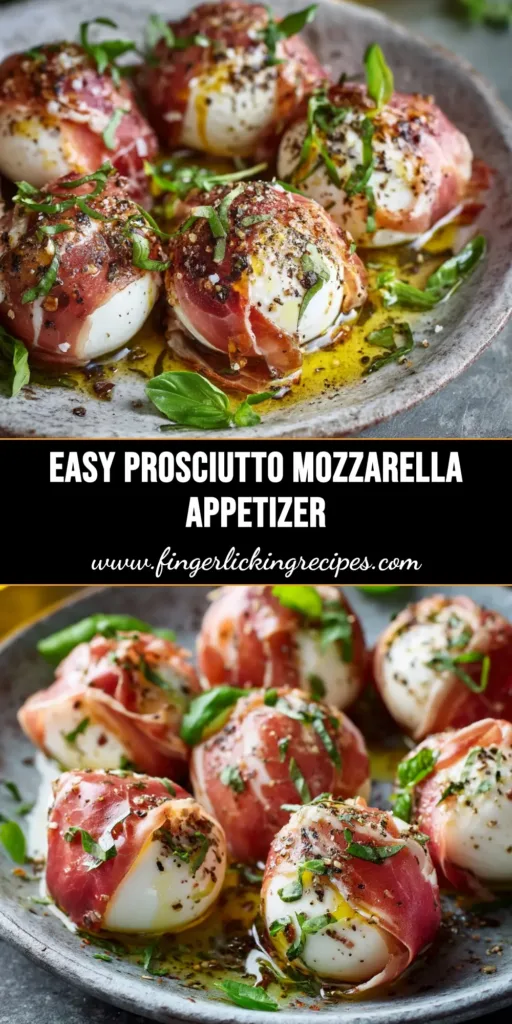 Prosciutto Wrapped Mozzarella: The Ultimate 3-Ingredient Appetizer 4 An overhead shot of Prosciutto Wrapped Mozzarella balls on a serving platter, drizzled with balsamic glaze and garnished with fresh basil. The perfect easy appetizer recipe.
