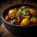A close-up view of tender beef and potatoes in a rich, savory broth, showcasing the hearty texture of this traditional Carne Guisada.
