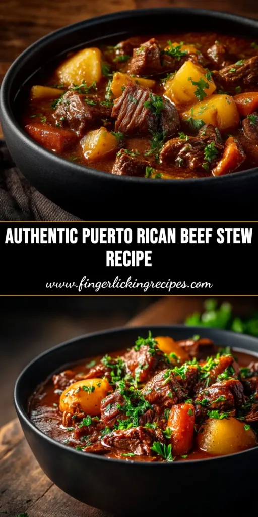 A stunning overhead shot of a bowl of authentic Puerto Rican Beef Stew (Carne Guisada), garnished with fresh cilantro. The rich, red broth is filled with tender beef, potatoes, and carrots.