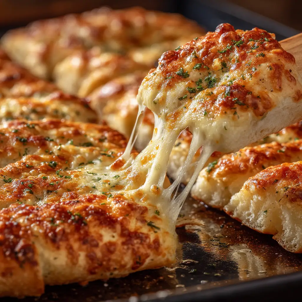 A pan of pull-apart cheesy bread, cut into strips and ready to be served as a shareable appetizer.
