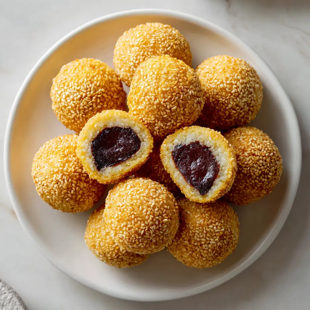 A close-up showing the texture of sesame balls made with a homemade red bean filling.