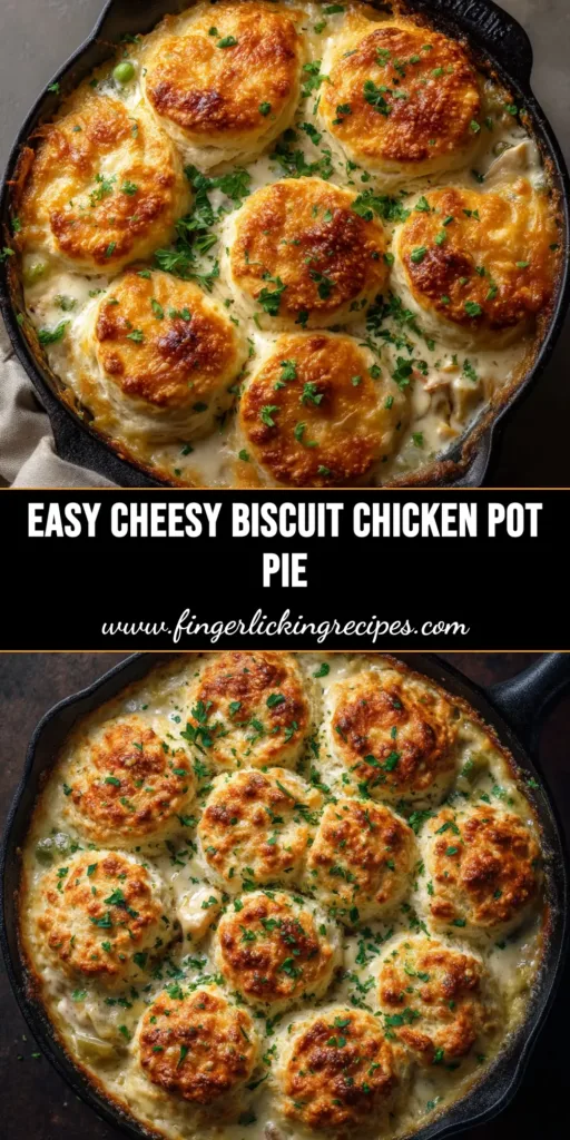 An overhead shot of a finished Red Lobster Biscuit Chicken Pot Pie in a baking dish, with a portion scooped out to show the creamy filling.
