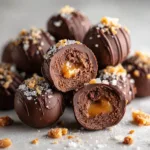 A close-up macro shot of rich dark chocolate truffles piled high, showing their smooth texture and a dusting of cocoa powder.