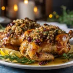 Stuffed Cornish Game Hens: The Ultimate Recipe Two roasted Cornish game hens served on a platter with roasted vegetables. The skin is golden and crispy, ready for a delicious meal.