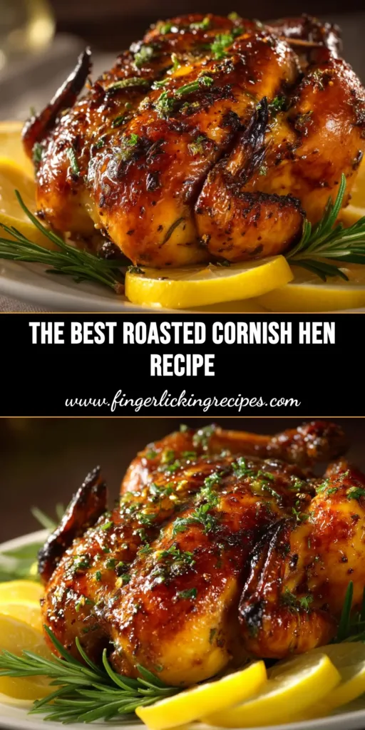 A perfectly roasted Cornish hen on a serving platter, garnished with fresh herbs and lemon, showcasing its golden crispy skin.