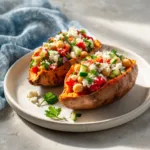 Two perfectly roasted sweet potatoes, split open and ready to be filled with a healthy vegetarian stuffing.