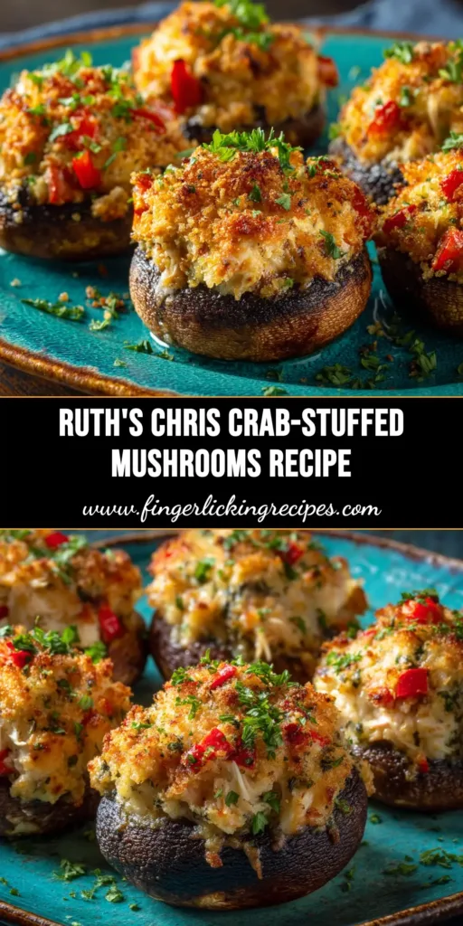 A platter of delicious Ruth's Chris Crab-Stuffed Mushrooms, perfectly broiled with golden-brown tops and ready to serve as a decadent appetizer.