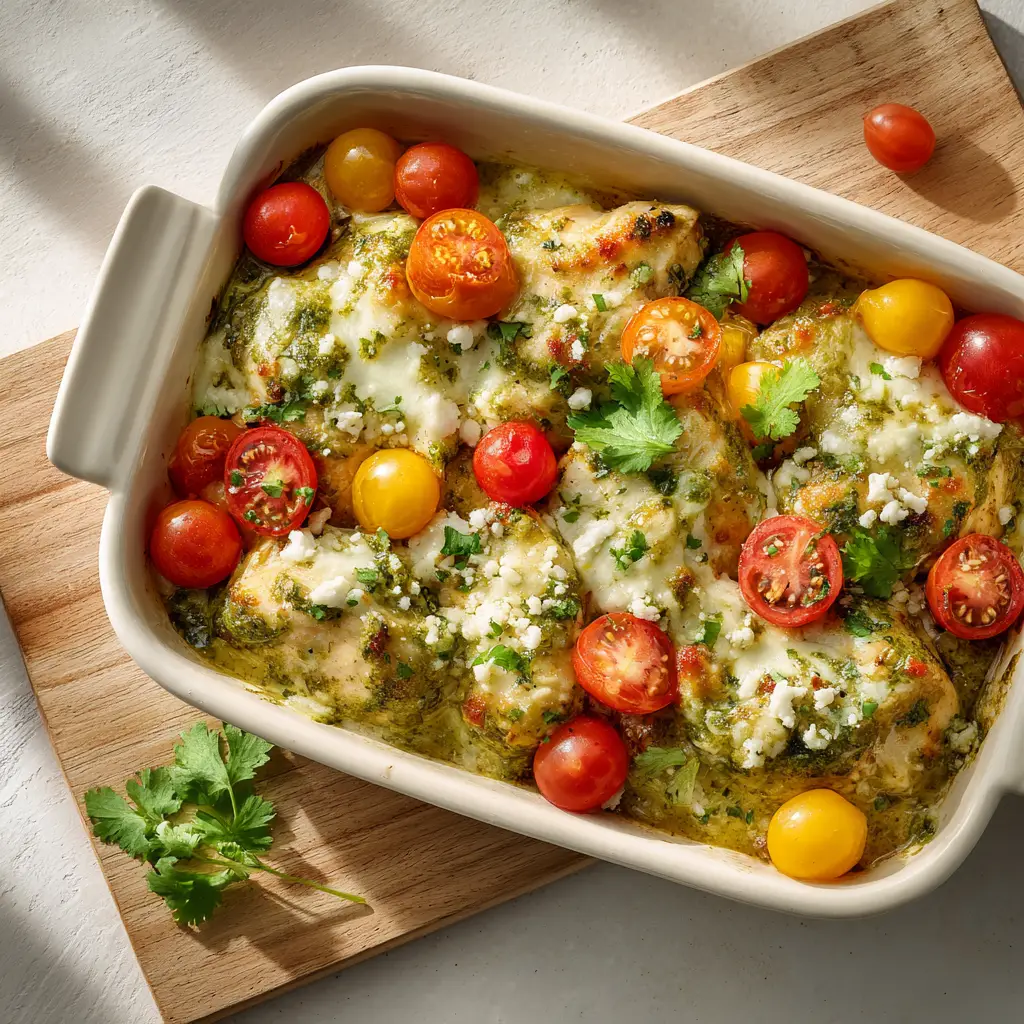 The ingredients for the salsa verde chicken casserole arranged on a countertop, including shredded chicken, salsa verde, cream cheese, sour cream, and tortillas.
