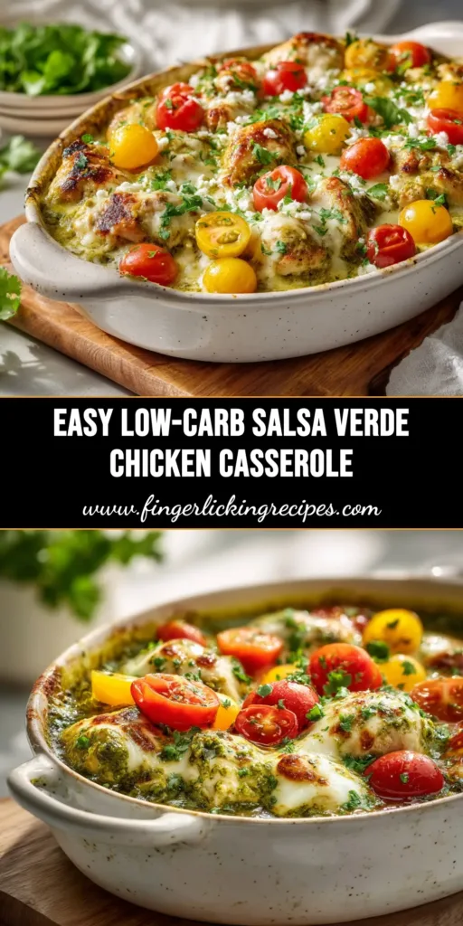 A top-down view of a bubbly, golden-brown Salsa Verde Chicken Casserole in a white baking dish, garnished with fresh cilantro. The cheesy top is perfectly melted, promising a creamy and delicious meal.