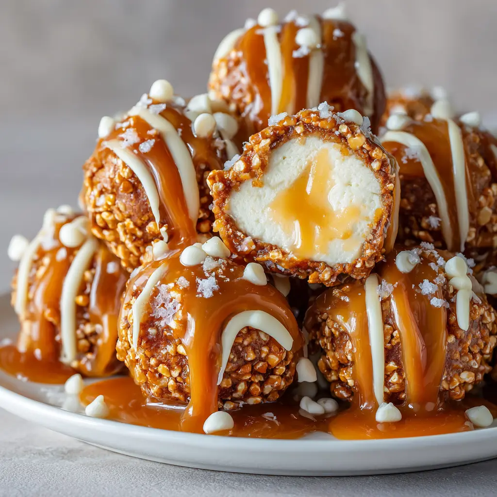 Salted Caramel Cheesecake Balls: The Ultimate No-Bake Treat 2 A macro photograph showing the inside texture of a salted caramel cheesecake bite, with a creamy filling and a liquid caramel center.