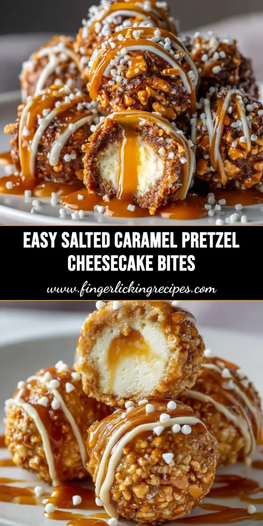Salted Caramel Cheesecake Balls: The Ultimate No-Bake Treat 5 A plate of delicious no-bake Salted Caramel Cheesecake Balls, with one cut in half to show the gooey caramel center. The chocolate coating is drizzled with extra caramel and sprinkled with sea salt.