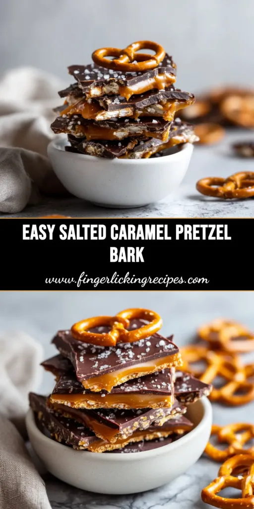 An overhead shot of broken pieces of Salted Caramel Pretzel Bark arranged on a piece of parchment paper, showing the layers of pretzel, caramel, and chocolate.