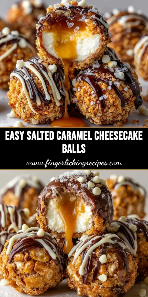 A delicious stack of Salted Caramel Pretzel Cheesecake Balls on a white plate, drizzled with caramel sauce.
