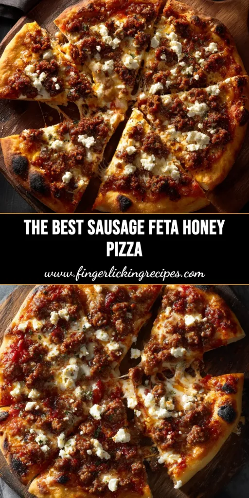 A delicious Sausage Feta Honey Pizza sliced and ready to serve, showcasing the melted cheese and savory toppings.
