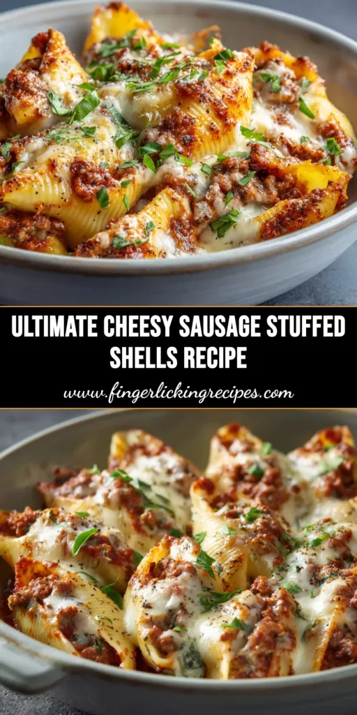 Sausage Stuffed Shells (The Ultimate Comfort Food Recipe) 4 A top-down view of a baking dish filled with delicious Sausage Stuffed Shells, with melted mozzarella cheese and fresh parsley on top. A serving spoon is lifting one shell out.