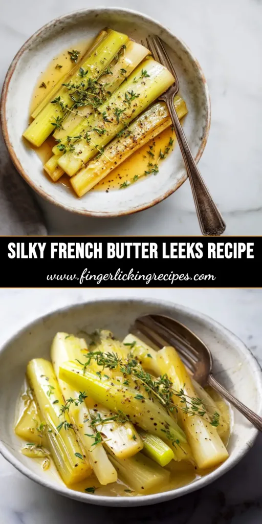 Sautéed Leeks: The Ultimate Guide to a Simple, Elegant Side 4 A close-up overhead shot of perfectly sautéed leeks in a skillet, garnished with fresh thyme. The simple leek recipe is ready to be served as an elegant side dish.