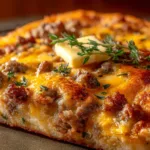A close-up shot of a single square of a fluffy oven-baked pancake, showing the texture of the melted cheese and savory sausage.