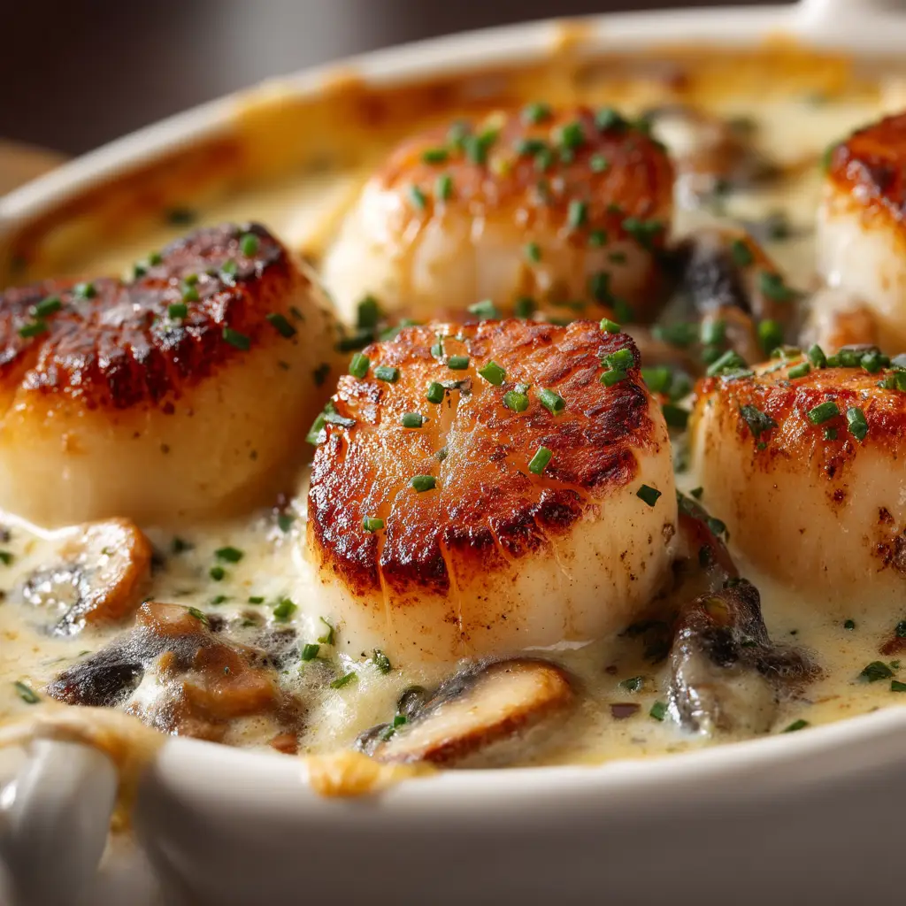 A close-up view of the creamy seafood bake, showing tender shrimp and flaky fish in a rich white wine sauce before being topped and broiled.