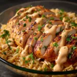 Creamy Cajun Chicken (The Ultimate 30-Minute Recipe) A close-up shot of a piece of juicy, pan-seared Cajun chicken being lifted from a skillet, with creamy sauce dripping off.