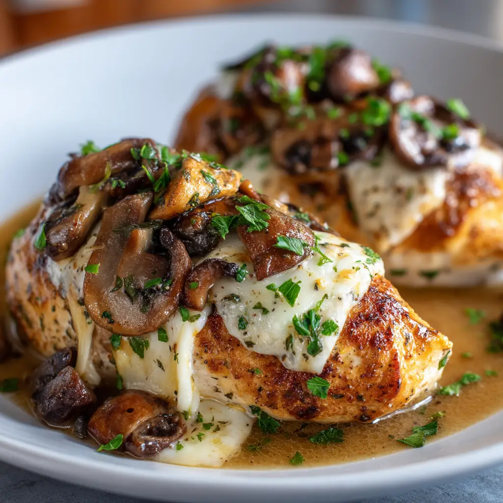 Gouda Mushroom Stuffed Chicken (The Ultimate Cheesy Dinner) 3 A close-up shot of two golden-brown Gouda mushroom stuffed chicken breasts resting in a skillet before being served.