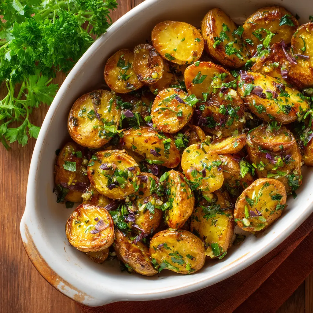 A bowl of oven-roasted fingerling potatoes being tossed with fresh herbs and seasonings before cooking.