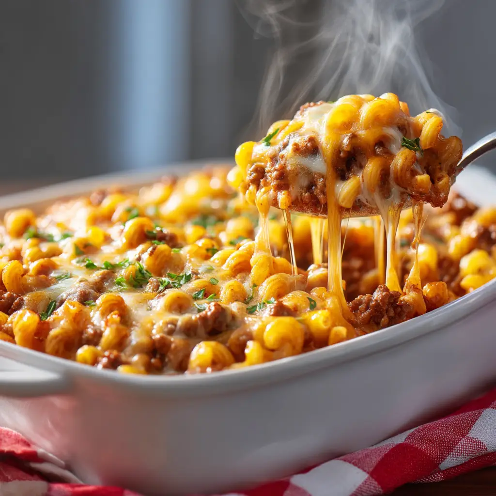 A spoonful of the finished cheeseburger pasta bake being lifted from the dish, showing the gooey cheese pull and tender pasta.
