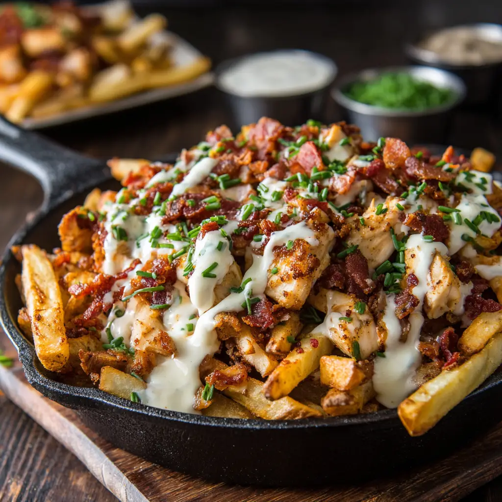 A fork digging into a serving of loaded Chicken Bacon Ranch Fries, showing all the delicious layers of toppings.