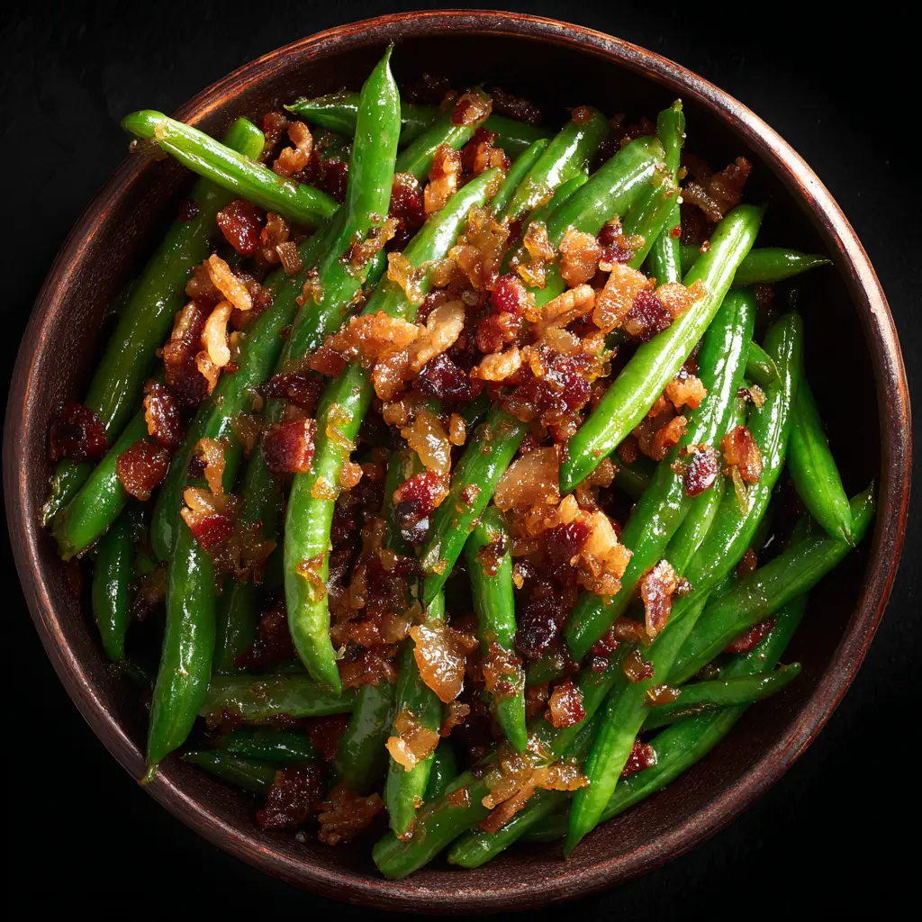 A serving spoon lifting a portion of the baked green beans with bacon, showcasing the tender-crisp texture of the beans.