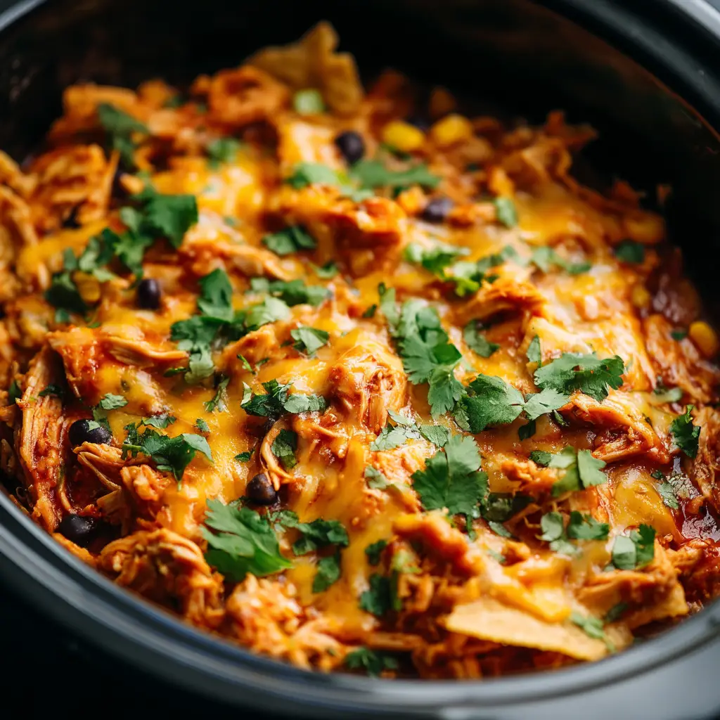 A scoop of the easy crockpot casserole being lifted from the slow cooker with a spatula.