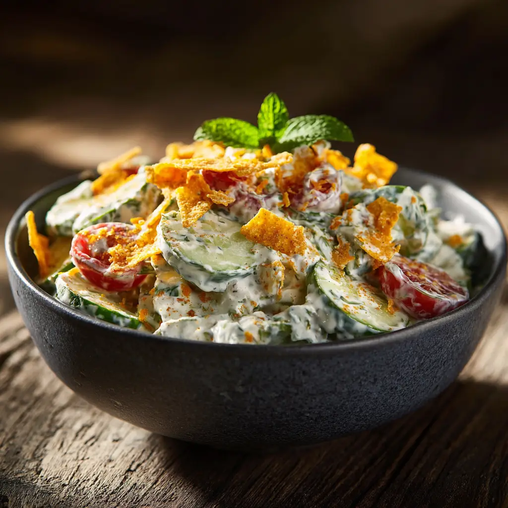 A spoonful of Cucumber Ranch Salad being lifted from a bowl, showcasing the thinly sliced cucumbers and red onions in the homemade ranch dressing.