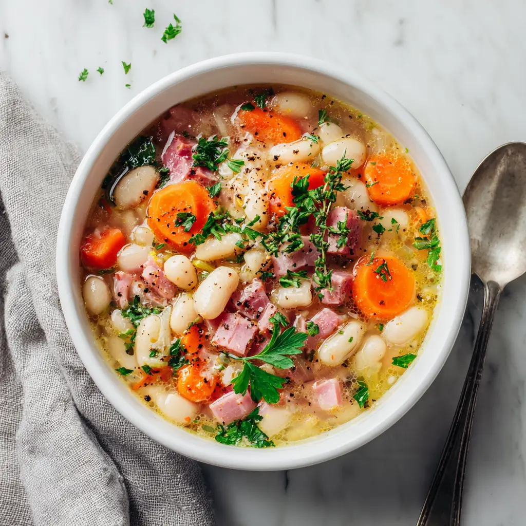 A close-up shot of a ladle scooping hearty ham bone soup from a slow cooker, showing tender beans and shredded ham.