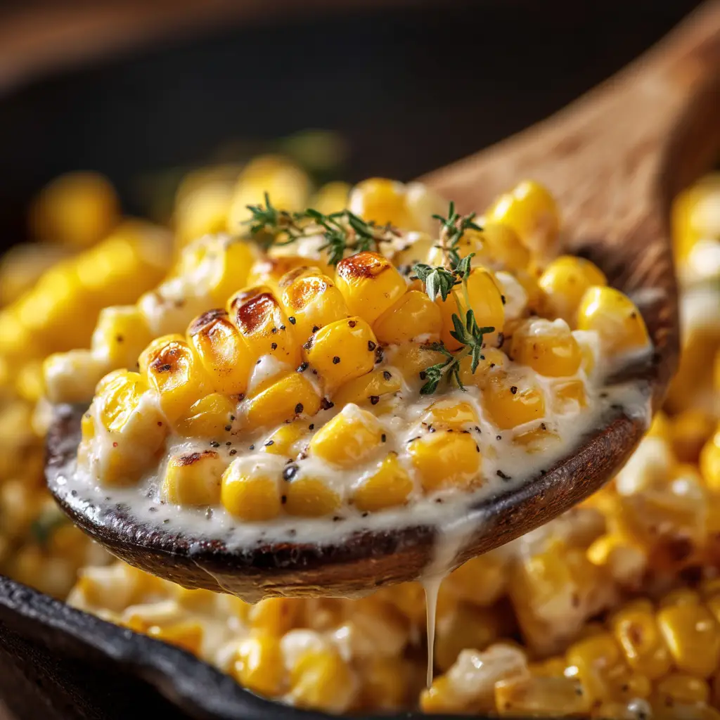 A spoonful of creamy skillet corn being lifted from a cast-iron pan, showcasing its texture.