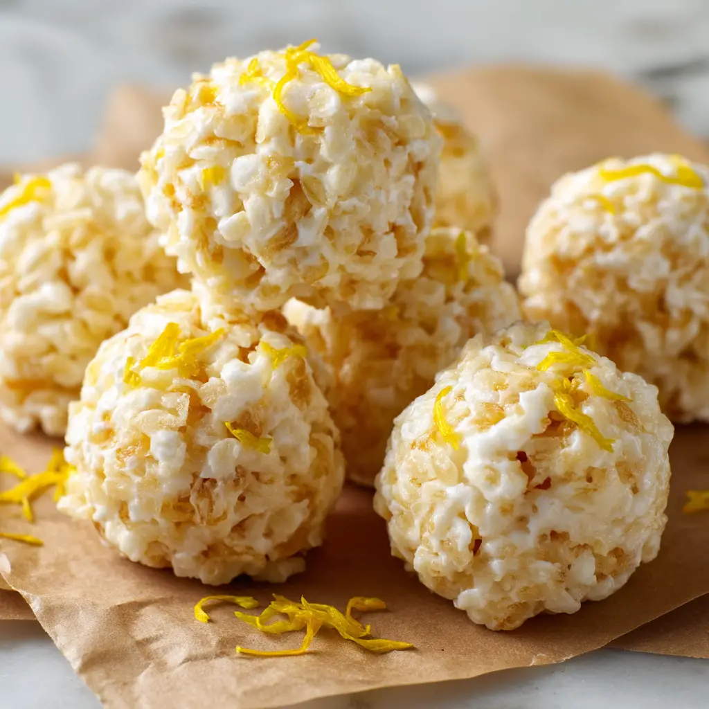 A lifestyle shot of lemon rice krispie treat balls arranged on a platter, ready to be served as a no-bake lemon dessert for a party.