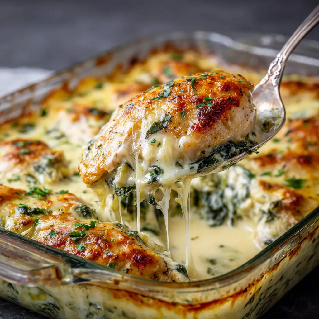 A serving of the cheesy chicken bake on a plate, ready to eat. This family-friendly meal is perfect for dinner.