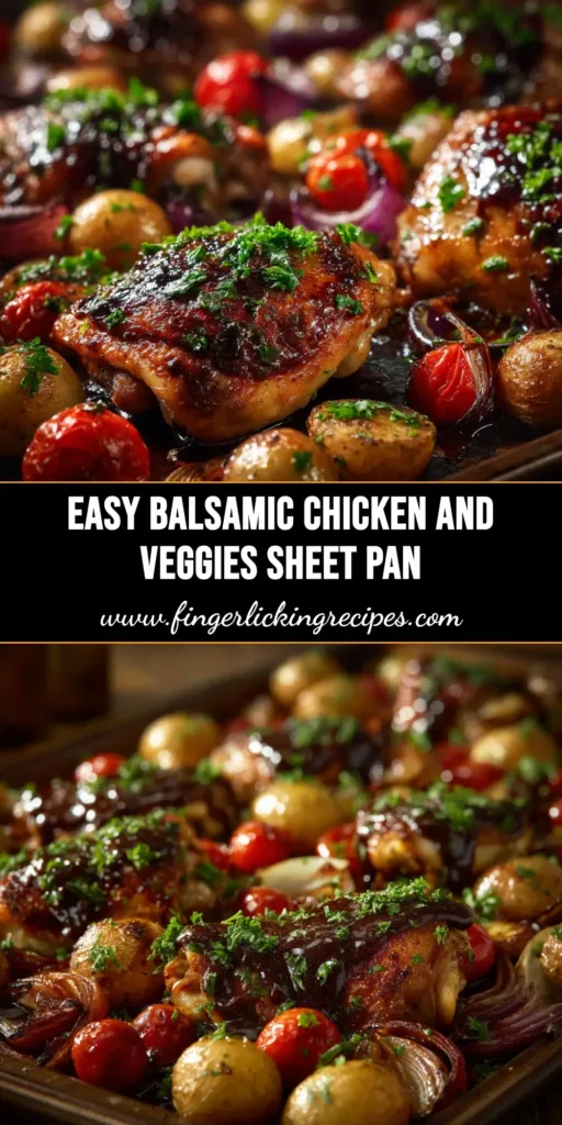 A top-down view of a delicious Sheet Pan Balsamic Chicken and veggies, roasted to perfection and ready to serve. The chicken is glazed and the vegetables are caramelized.