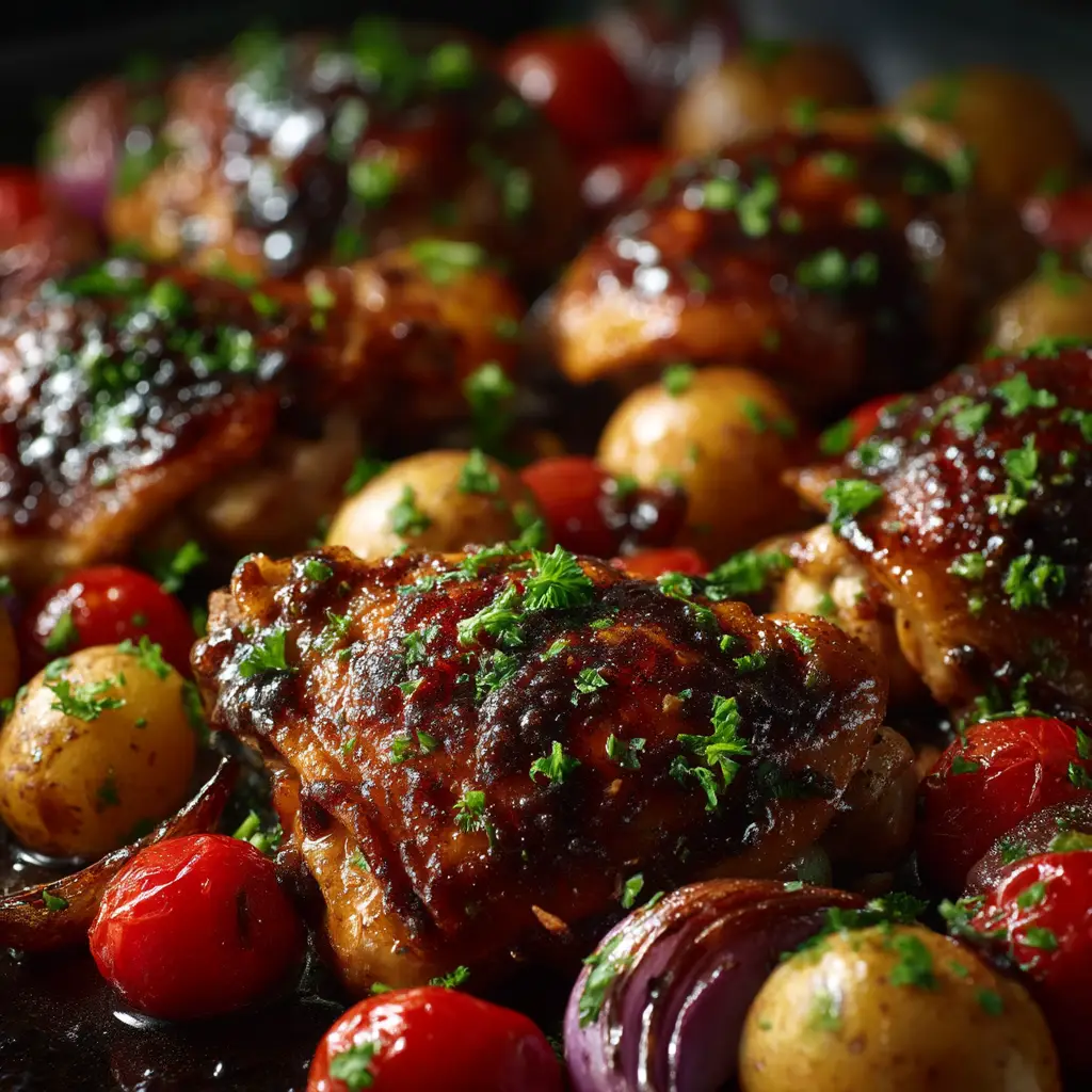 A beautiful shot of the Sheet Pan Balsamic Chicken ingredients arranged and ready for the oven, showcasing the colorful, fresh vegetables and marinated chicken.