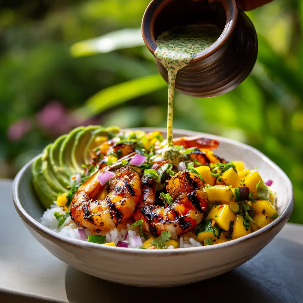 Shrimp and Avocado Bowls with Creamy Cilantro-Lime Dressing 3 An overhead close-up shot of a healthy shrimp bowl with perfectly cooked shrimp, sliced avocado, and fresh corn, ready to be assembled.