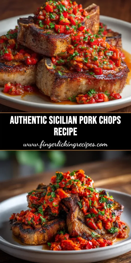 A platter of Sicilian pork chops coated in a glossy agrodolce sauce with olives and capers, garnished with fresh mint.