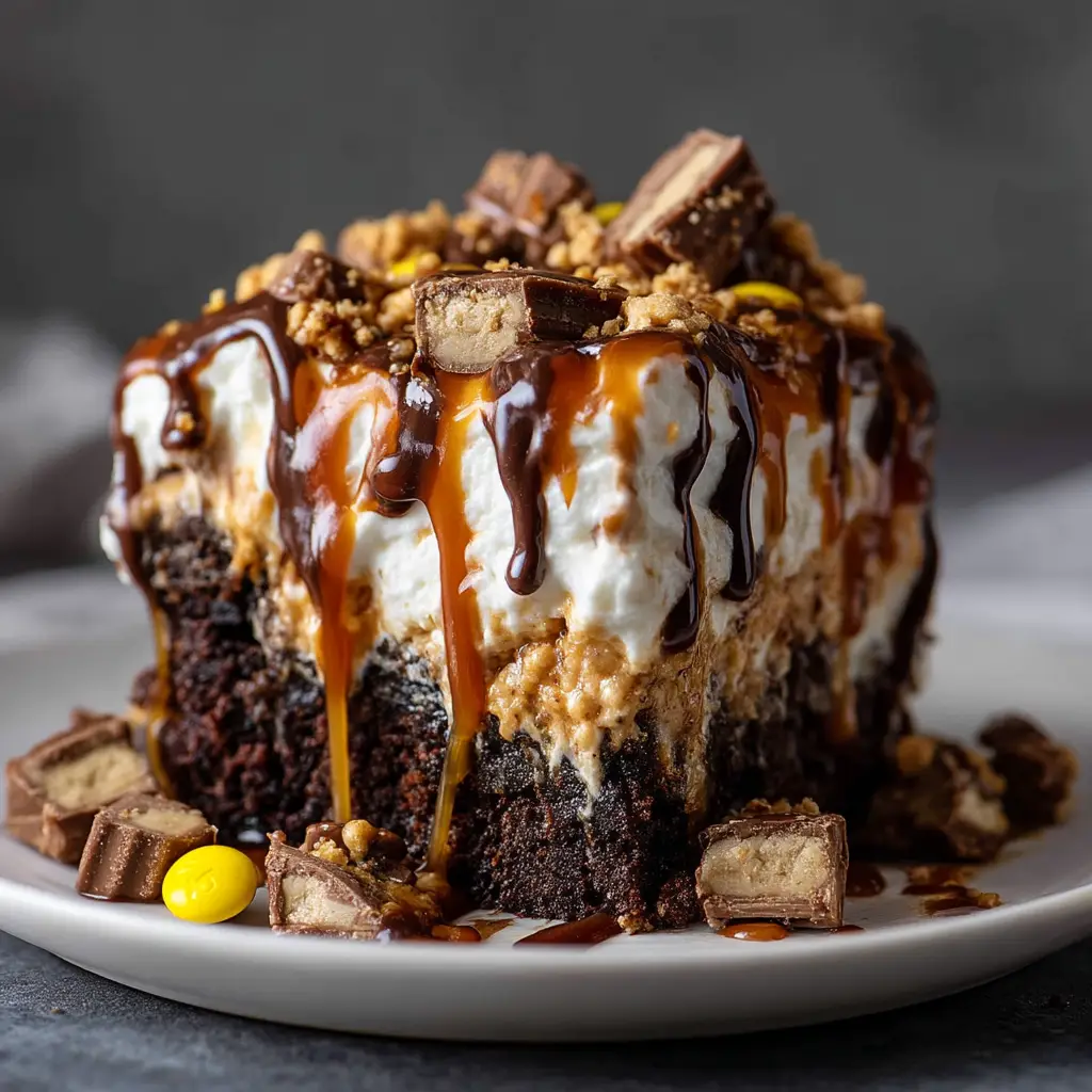 A decadent slice of chocolate peanut butter poke cake on a white plate, showing the moist cake layers and gooey peanut butter filling.