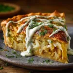 A generous slice of savory Cabbage Pie on a white plate, showcasing the hearty filling of tender cabbage and ground beef.
