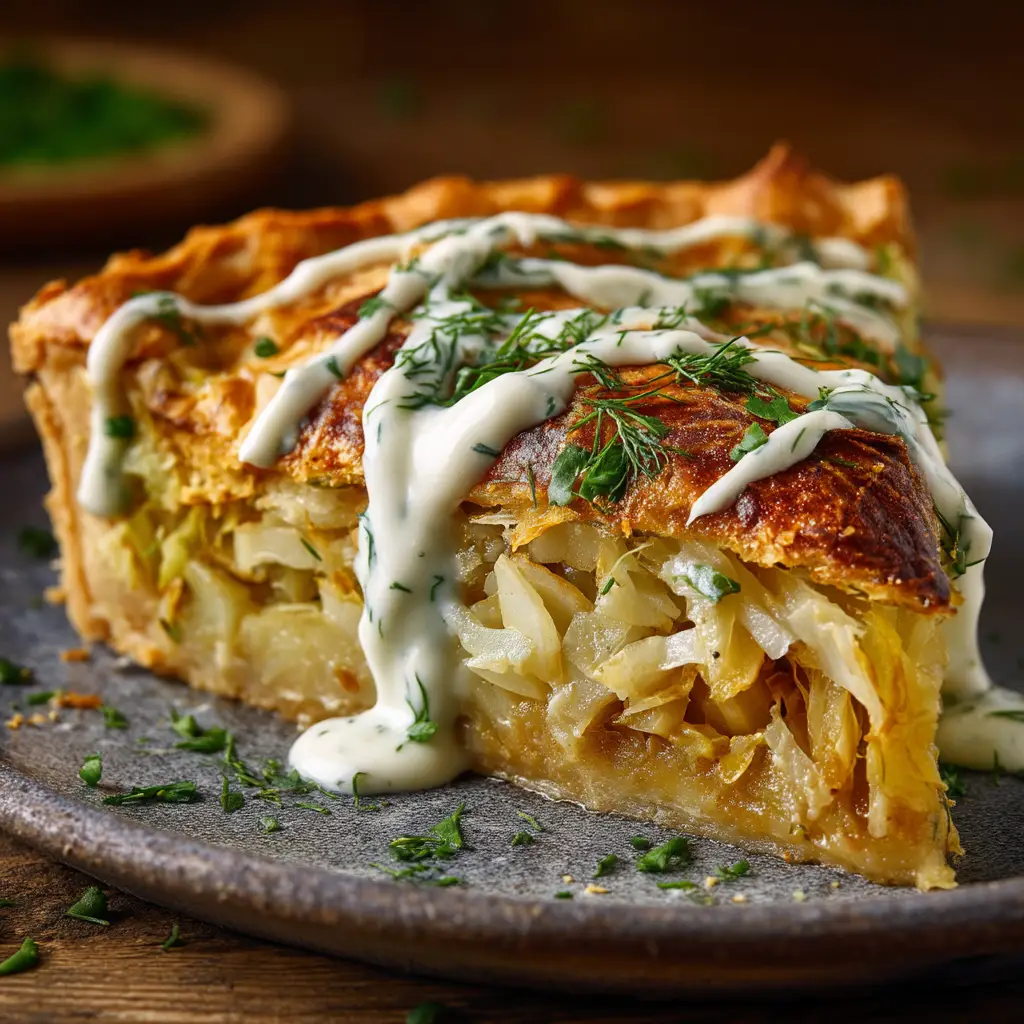 Cabbage Pie: The Ultimate Savory & Easy Recipe 3 A generous slice of savory Cabbage Pie on a white plate, showcasing the hearty filling of tender cabbage and ground beef.