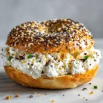A freshly baked everything cottage cheese bagel sliced in half, revealing a soft and chewy interior, with a side of cream cheese.