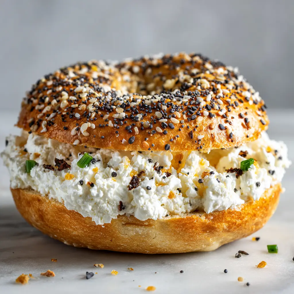 A freshly baked everything cottage cheese bagel sliced in half, revealing a soft and chewy interior, with a side of cream cheese.