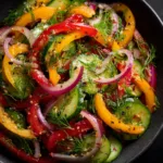 An extreme close-up of a freshly sliced English cucumber, showing its vibrant green skin and crisp texture for the salad.