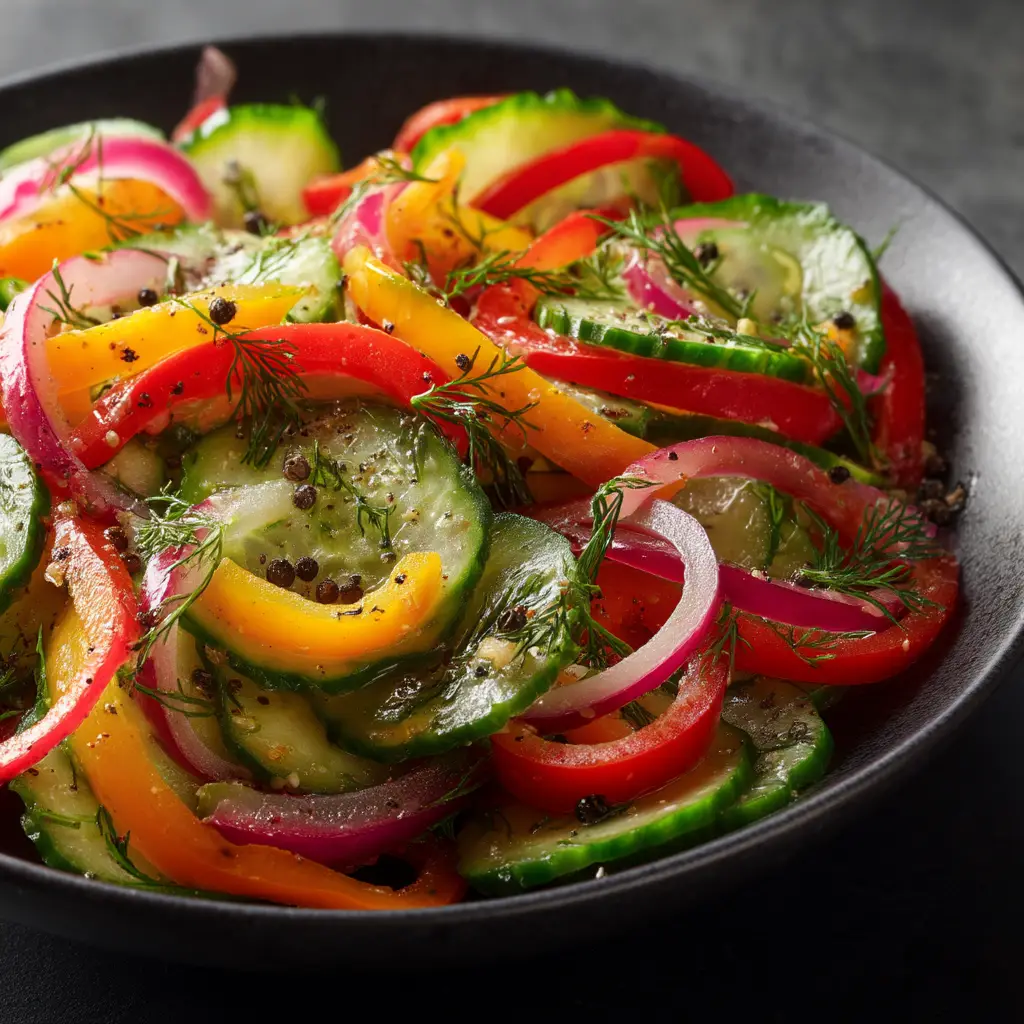 A colorful mix of thinly sliced mini sweet peppers and red onion in a bowl, ready to be mixed into the cucumber salad.