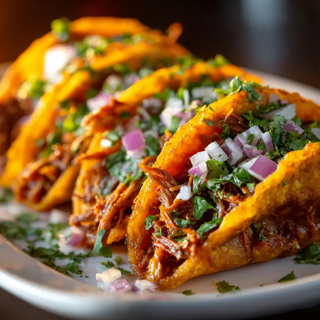 Crock Pot Birria Tacos (Easy & Authentic) 2 A plate of slow cooker birria tacos served with a bowl of rich red consommé for dipping, garnished with cilantro and onions.