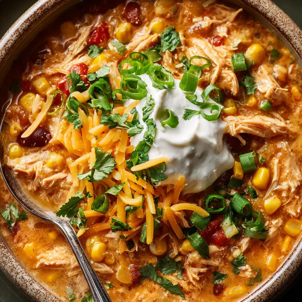 A close-up spoonful of Crockpot Cream Cheese Chicken Chili, showcasing the shredded chicken and creamy sauce.