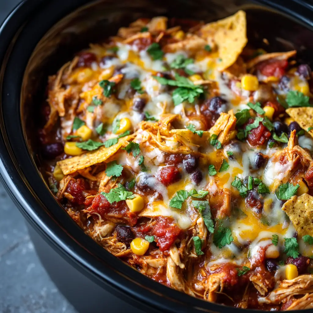An overhead close-up shot of the slow cooker chicken enchilada casserole, showing the melted cheese and layers.