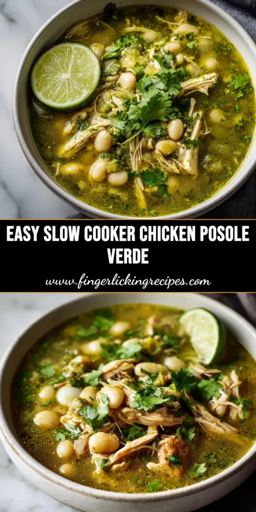 A vibrant bowl of Slow Cooker Chicken Posole Verde, garnished with fresh radishes, cilantro, and avocado. The perfect easy and healthy crockpot meal.